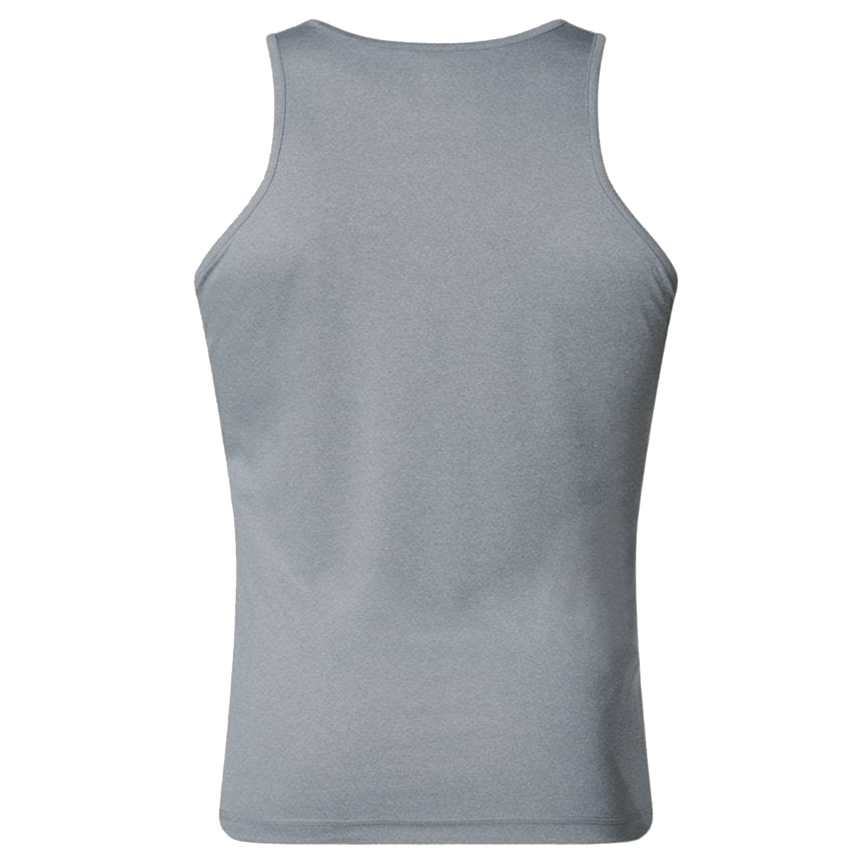 Back side of gray no sleeve singlet.