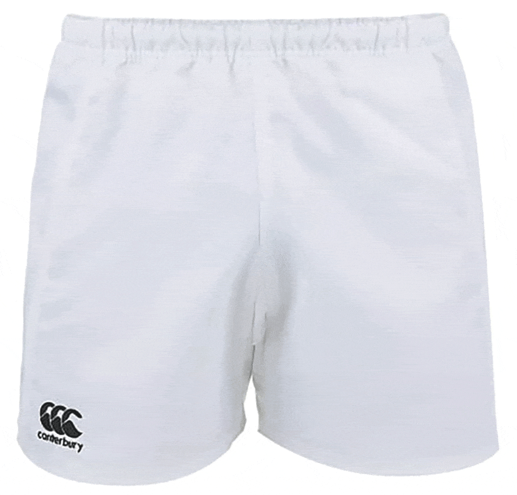 White shorts elastic waist with white Canterbury logo on lower right leg.