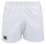 White shorts elastic waist with white Canterbury logo on lower right leg.