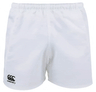 White shorts elastic waist with white Canterbury logo on lower right leg.