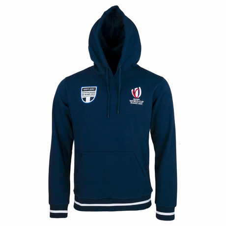 Navy long sleeve hoody with dual front entrance pocket, Scotland Coupe du Monde de Rugby 2023 on upper right chest and RWC France 2023 on upper left chest.