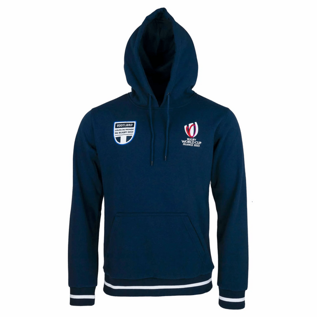 Navy long sleeve hoody with dual front entrance pocket, Scotland Coupe du Monde de Rugby 2023 on upper right chest and RWC France 2023 on upper left chest.