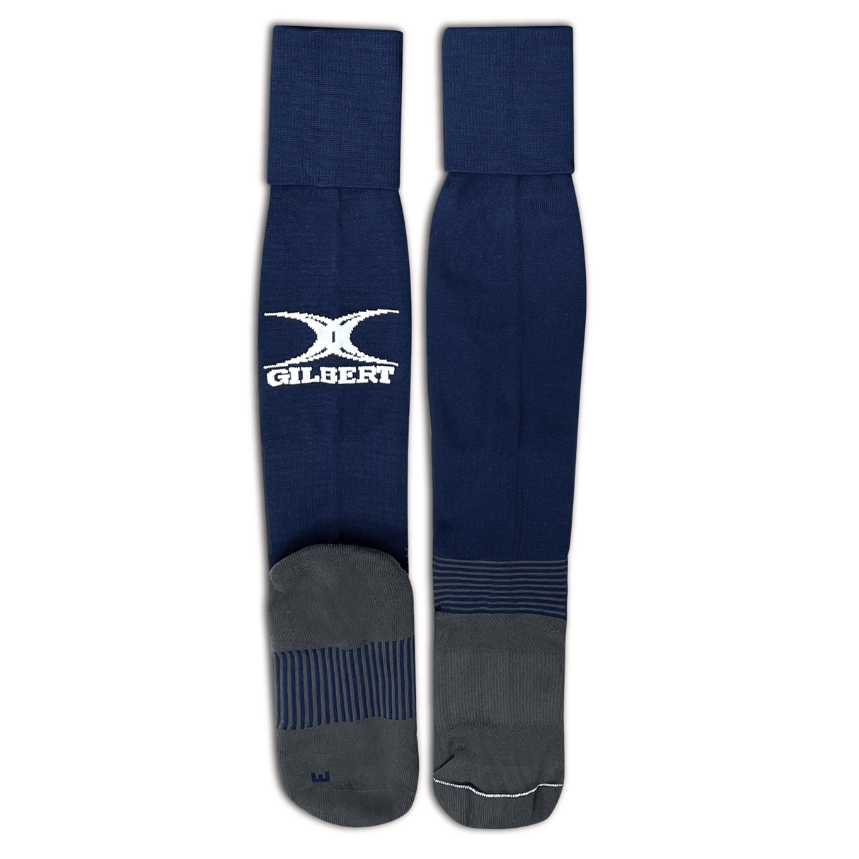 Long navy rugby socks with Gilbert logo mid calf, gray foot with navy stripes on ankle and across the center of the sole.