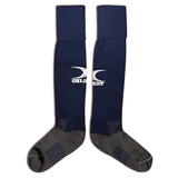 Long navy rugby socks with Gilbert logo mid calf, gray foot with navy stripes on ankle and across the center of the sole.