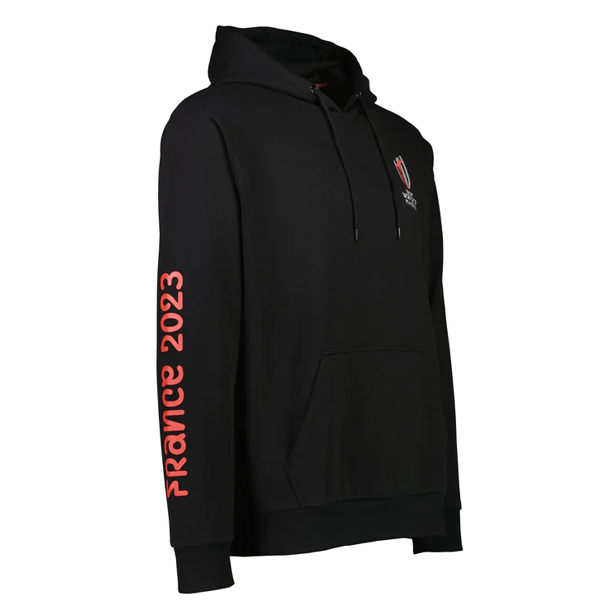 Side view of black long sleeve hoody with France 2023 written up the right sleeve in red.