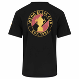 Back of black short sleeve shirt with Webb Ellis Cup Est 1987 circular cup logo on upper back.