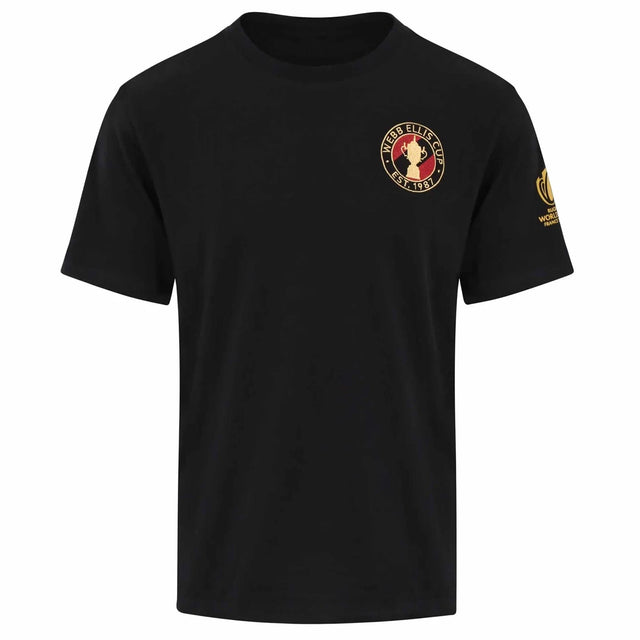 Black round neck short sleeve T-Shirt with Webb Ellis Cup Est 1987 Cup circular logo on upper left chest and RWC France 2023 in gold on left sleeve. 