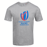 A Sportfolio Rugby World Cup 23 Logo T-Shirt in grey with a blue and red logo.