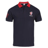 A Sportfolio Rugby World Cup 23 Logo Polo shirt with a red collar.