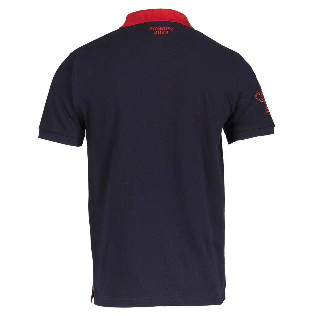 A Sportfolio Rugby World Cup 23 Logo Polo shirt with a red collar.