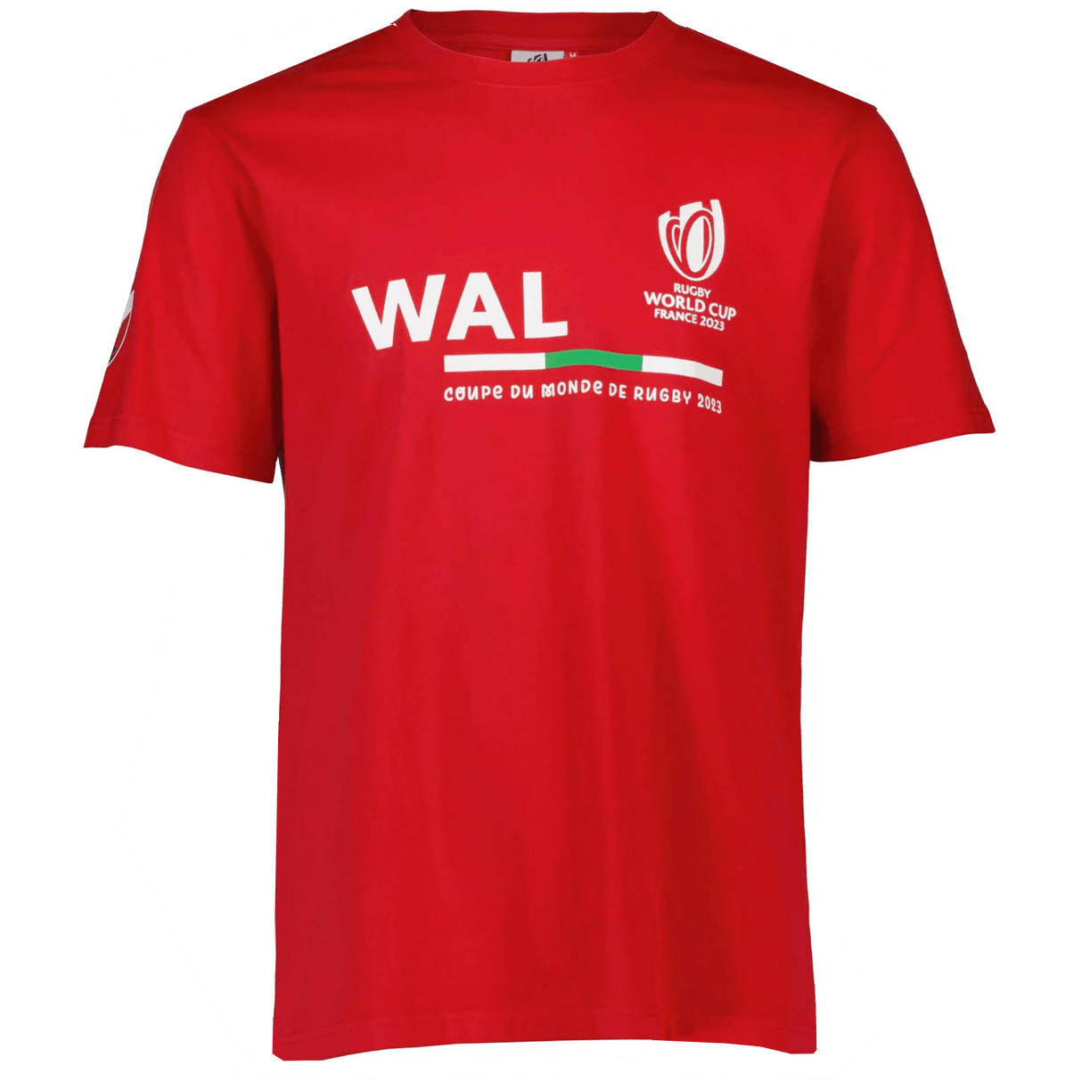 A Sportfolio Rugby World Cup 23 Wales Supporters T-Shirt with a green and white logo.