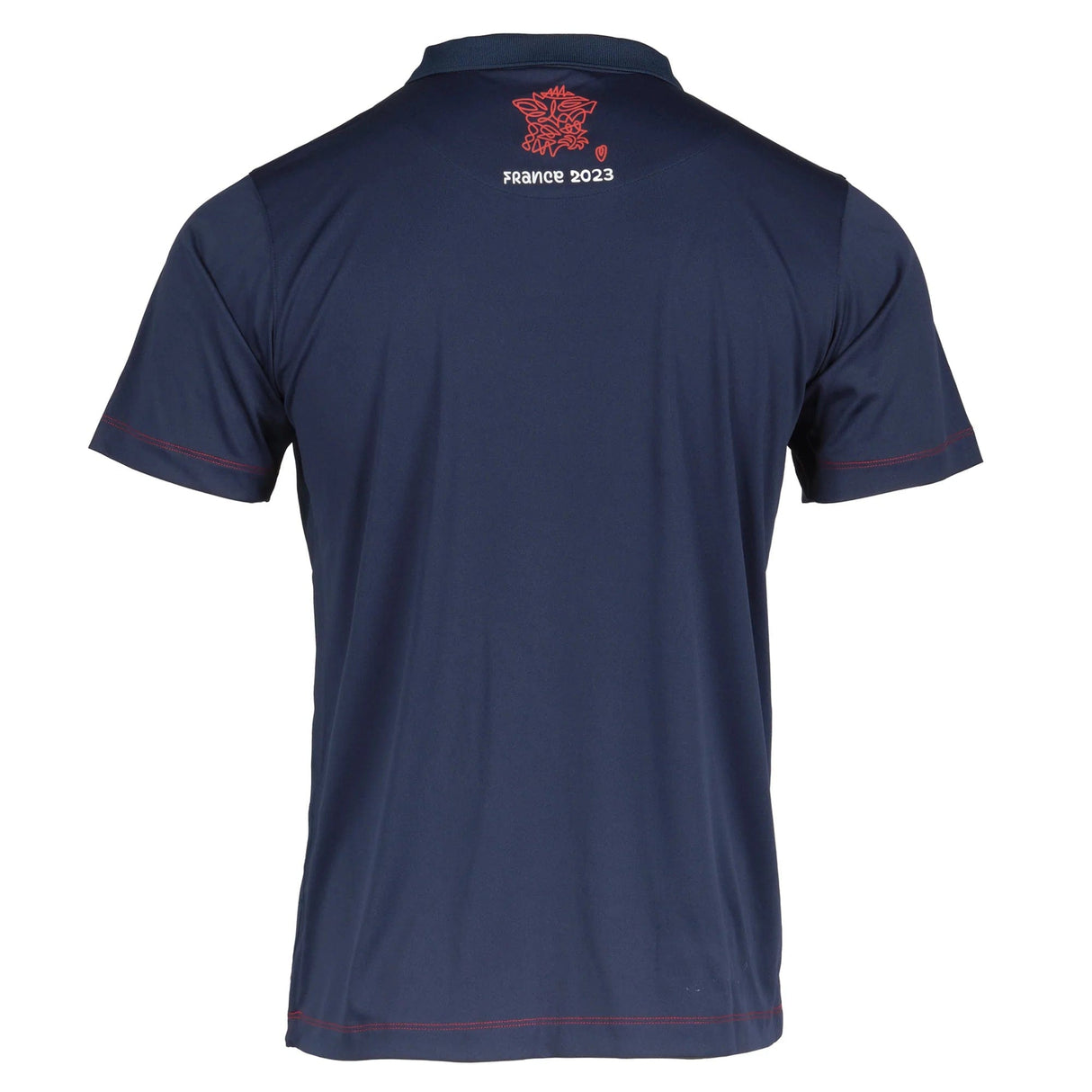 A Sportfolio Rugby World Cup 23 Winger Polo with a red and white emblem.