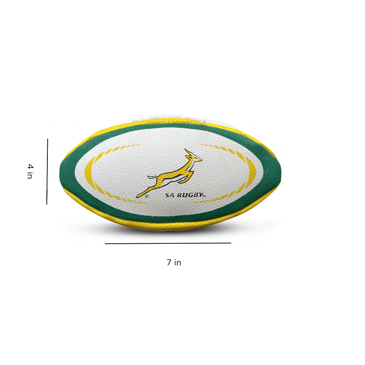 The South Africa Springboks Replica Mini Ball by Gilbert features a yellow and green design adorned with the iconic springbok logo and "SA Rugby" text, making it perfect for supporting the Springboks.