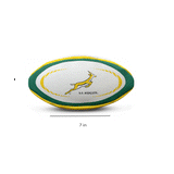 The South Africa Springboks Replica Mini Ball by Gilbert features a yellow and green design adorned with the iconic springbok logo and "SA Rugby" text, making it perfect for supporting the Springboks.