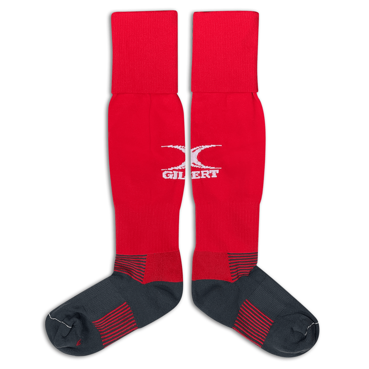 Long red rugby socks with Gilbert logo mid calf, gray foot with red stripes on ankle and across the center of the sole.