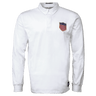 White collared long sleeve quarter buttoned cotton shirt with original USA Rugby logo on left upper chest and Rugby Originals black label sewn on lower left side. Rugby Originals is embroidered in black in the back of the collar.