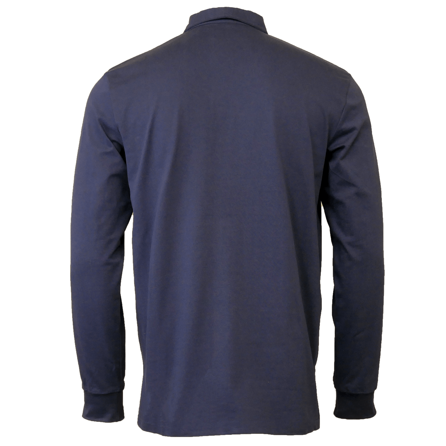 Back side of navy long sleeve cotton collared polo.