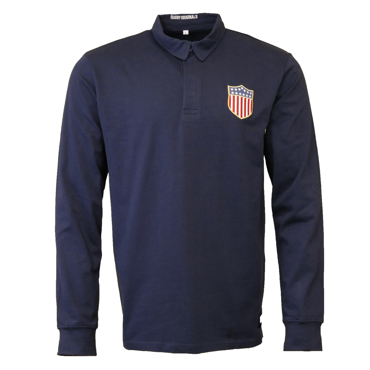 Navy long sleeve button front all cotton polo with embroidered flag patch on upper left chest.