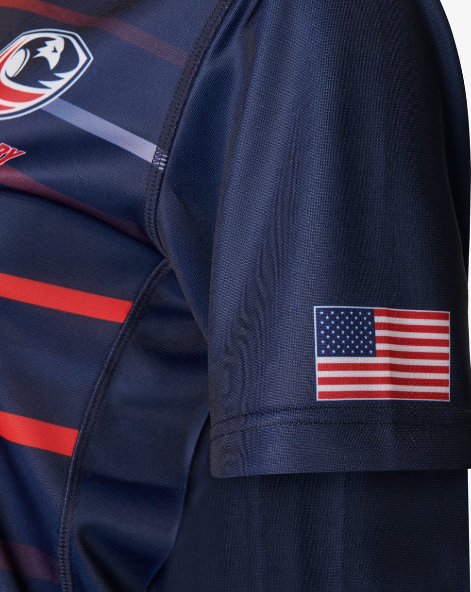United States of America flag sublimated on the sleeve of the USA Rugby navy blue away rugby jersey