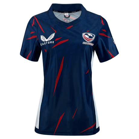 Navy slight V-neck short sleeve jersey with Castore logo on upper right chest and USA Rugby crest on upper left chest.