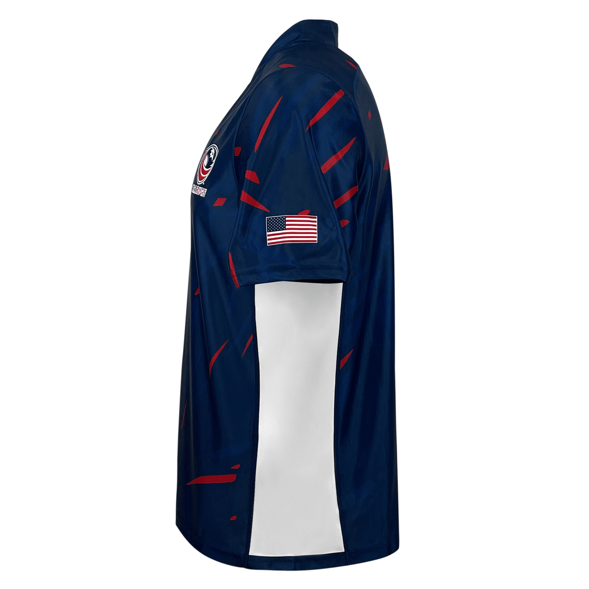 Side view of navy and red rugby jersey with white side panel and American flag on the left sleeve. 