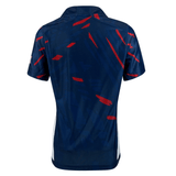 Back side of navy and red rugby jersey.