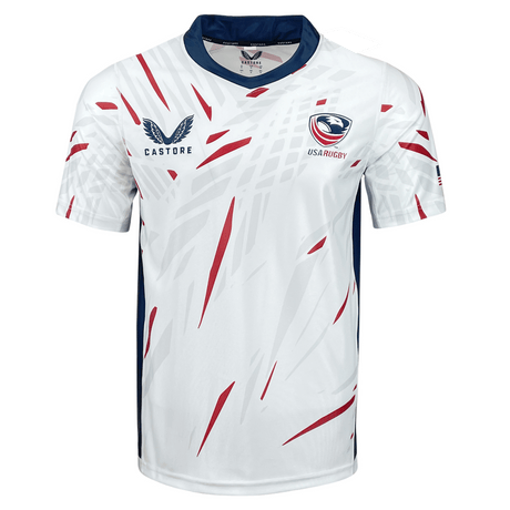 White short sleeve slight v-neck shirt with navy neck and side trim. Red, white and gray pattern with Castore symbol on right chest and USA Rugby on the left chest. 