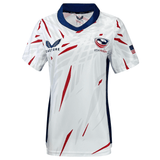 White, red and blue V-neck short sleeve rugby jersey with Castore on upper right chest and USA Rugby crest on upper left chest.  