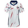 White, red and blue V-neck short sleeve rugby jersey with Castore on upper right chest and USA Rugby crest on upper left chest.  