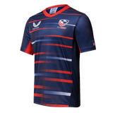side view of the USA Rugby away navy blue jersey shows the navy blue side inserts and red inside arm sleeve inserts