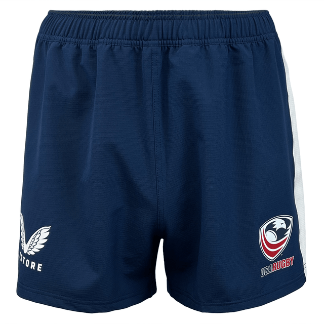 Elastic waist navy shorts with white Castore and USA Rugby logo on either leg.