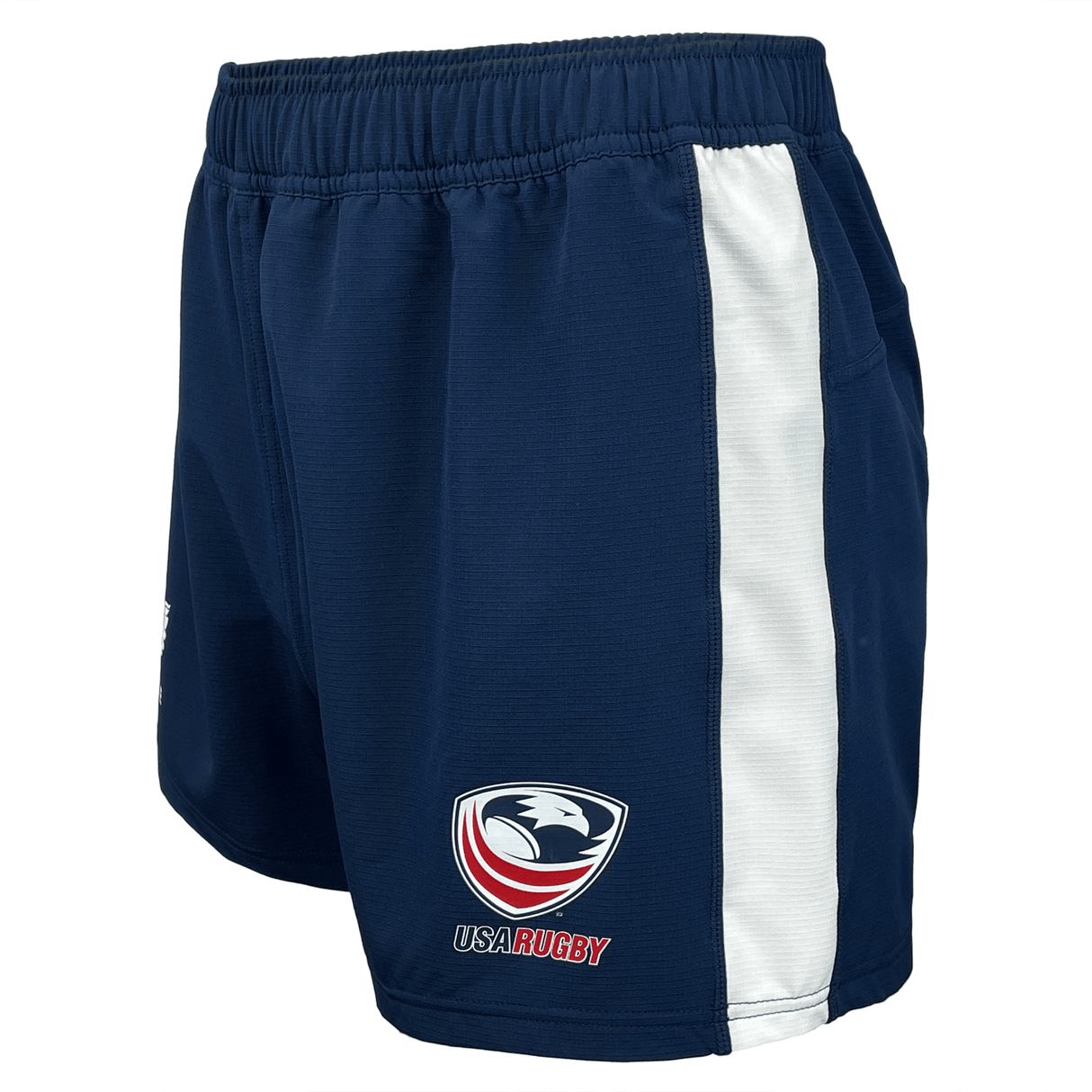 Side view of elastic waist navy short with white side panel and USA Rugby logo on left leg.