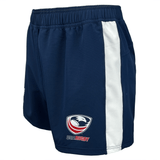 Side view of elastic waist navy short with white side panel and USA Rugby logo on left leg.