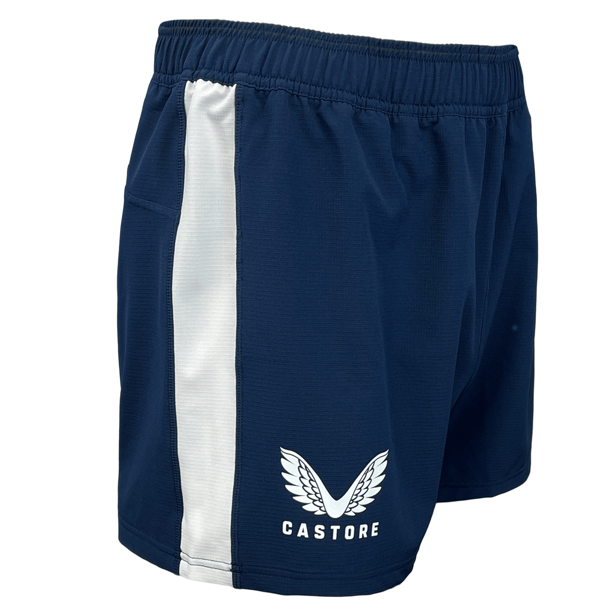 Navy elastic waist short with white side panel and white Castore logo on right leg.
