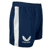 Navy elastic waist short with white side panel and white Castore logo on right leg.