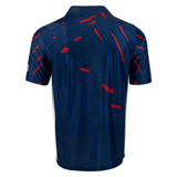 Back view of the USA Rugby 23/24 Home Jersey by Castore in dark blue with short sleeves, a collar, red diagonal accents, and an American flag patch on the right sleeve—perfect for Eagles fans.