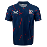 Show your support in the USA Rugby 23/24 Home Jersey by Castore—a navy jersey with red streaks, short sleeves, Castore logo on the right chest, and USA Rugby emblem on the left. Perfect for Eagles fans!.