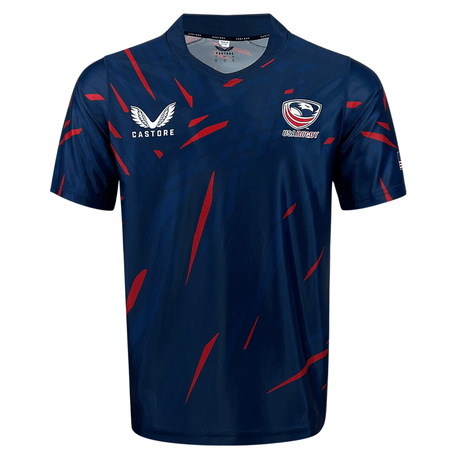 Show your support in the USA Rugby 23/24 Home Jersey by Castore—a navy jersey with red streaks, short sleeves, Castore logo on the right chest, and USA Rugby emblem on the left. Perfect for Eagles fans!.