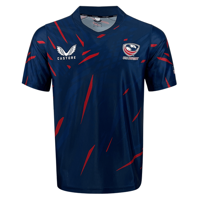 Show your support in the USA Rugby 23/24 Home Jersey by Castore—a navy jersey with red streaks, short sleeves, Castore logo on the right chest, and USA Rugby emblem on the left. Perfect for Eagles fans!.