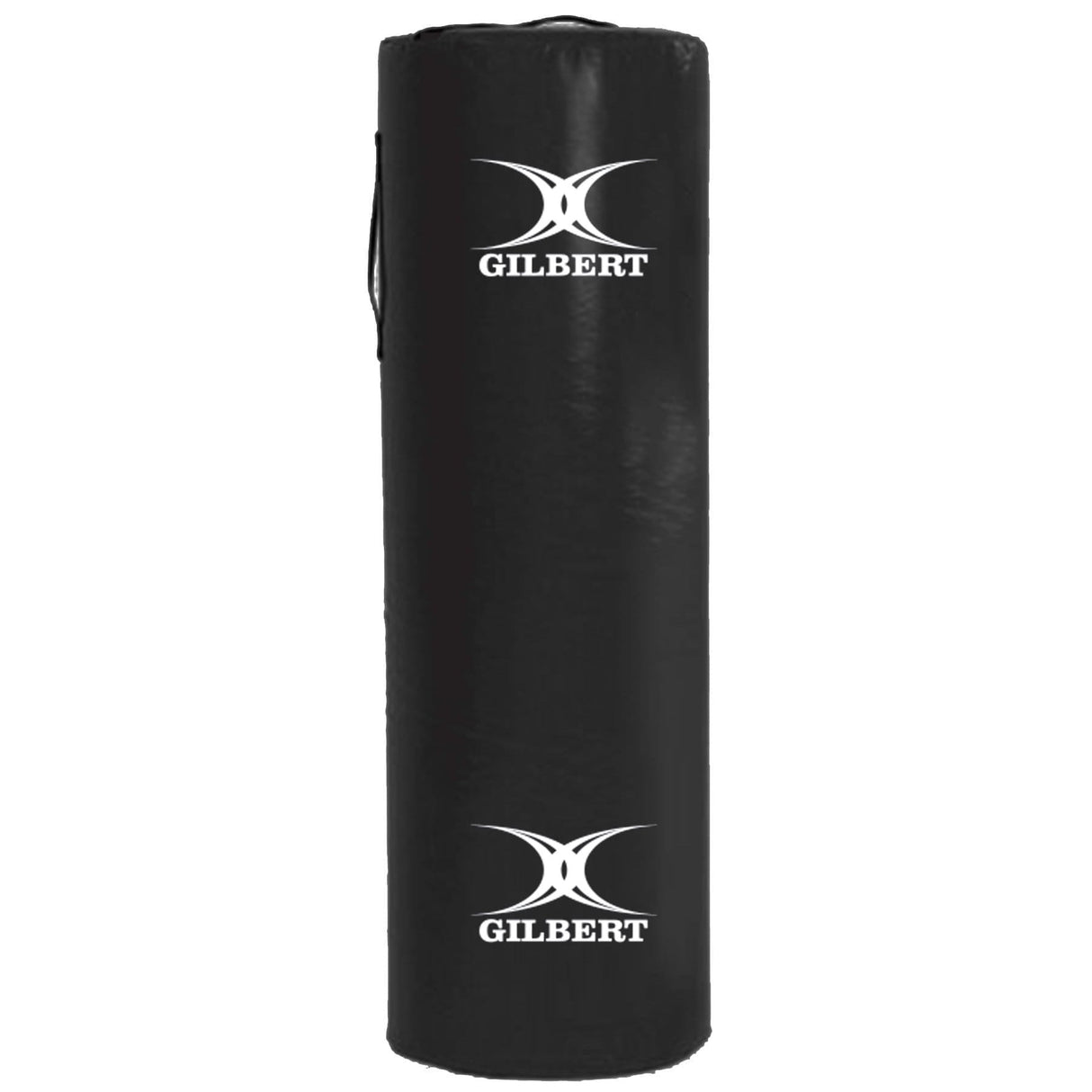 A Gilbert Rugby Black Tackle Bag with a white logo on it.