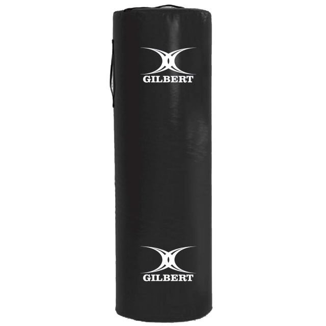 A Gilbert Rugby Black Tackle Bag with a white logo on it.