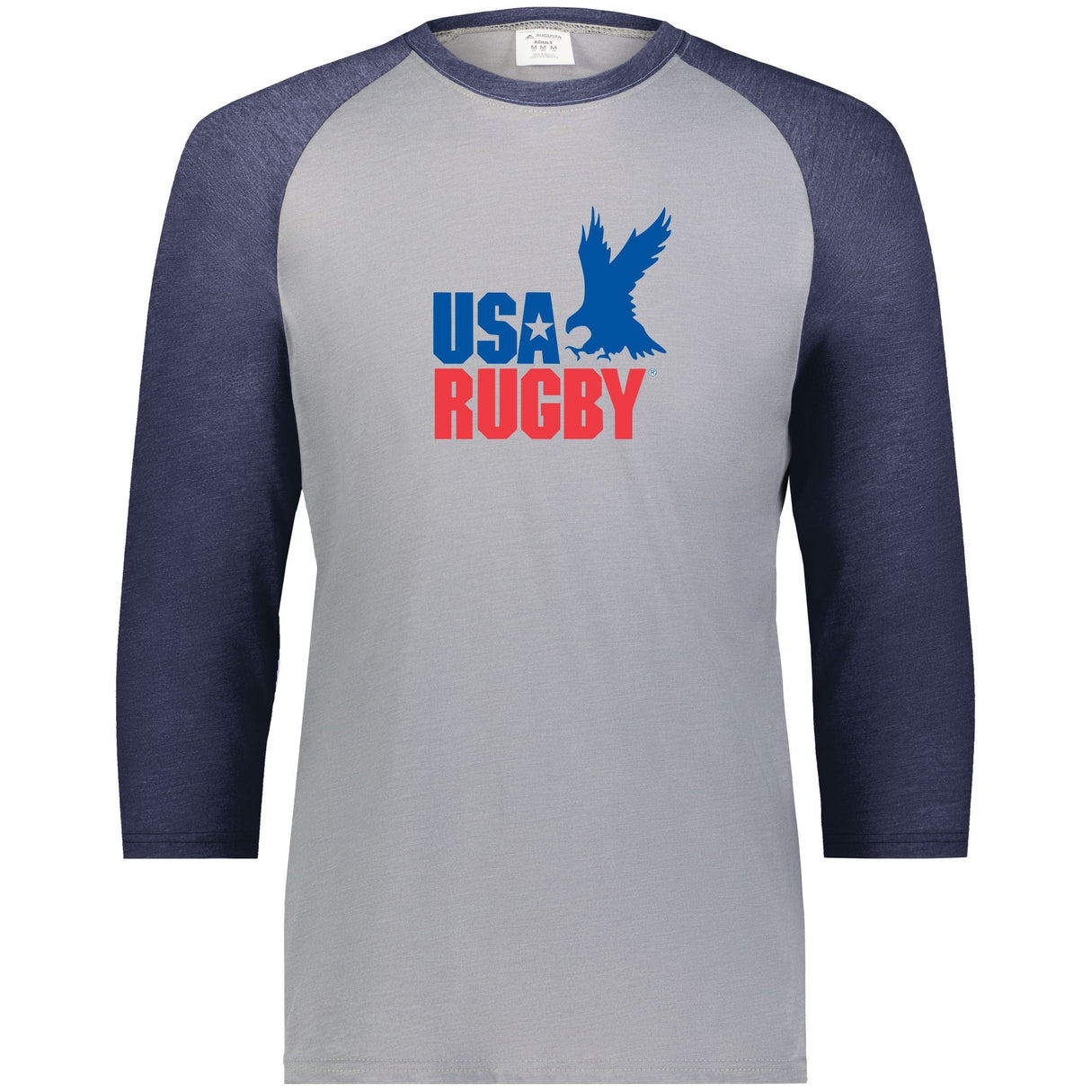 Grey 3/4 raglan sleeve t-shirt with navy collar and sleeves and a vintage USA Rugby blue and red logo that incorporates an Eagle and 'USA Rugby' inscription.