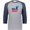 Grey 3/4 raglan sleeve t-shirt with navy collar and sleeves and a vintage USA Rugby blue and red logo that incorporates an Eagle and 'USA Rugby' inscription.