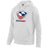 White hoodie with kangaroo pocket and large USA rugby logo center front.