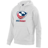 White hoodie with kangaroo pocket and large USA rugby logo center front.