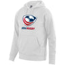 White hoodie with kangaroo pocket and large USA rugby logo center front.