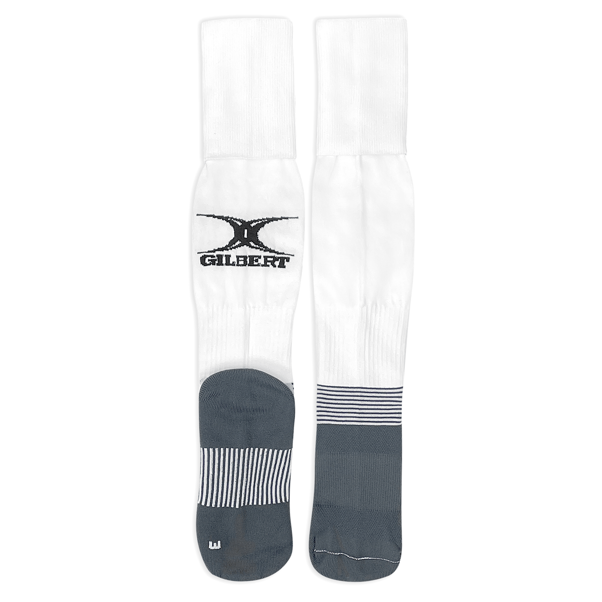 Long white rugby socks with Gilbert logo mid calf, gray foot with white stripes on ankle and across the center of the sole.