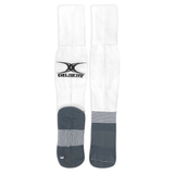 Long white rugby socks with Gilbert logo mid calf, gray foot with white stripes on ankle and across the center of the sole.