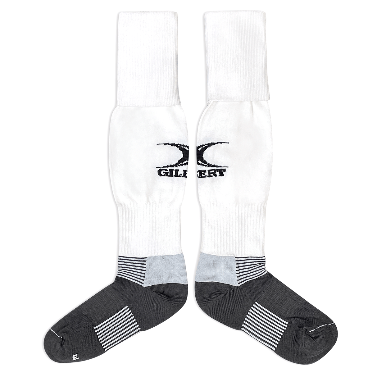Long white rugby socks with Gilbert logo mid calf, gray foot with white stripes on ankle and across the center of the sole.