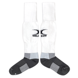 Long white rugby socks with Gilbert logo mid calf, gray foot with white stripes on ankle and across the center of the sole.